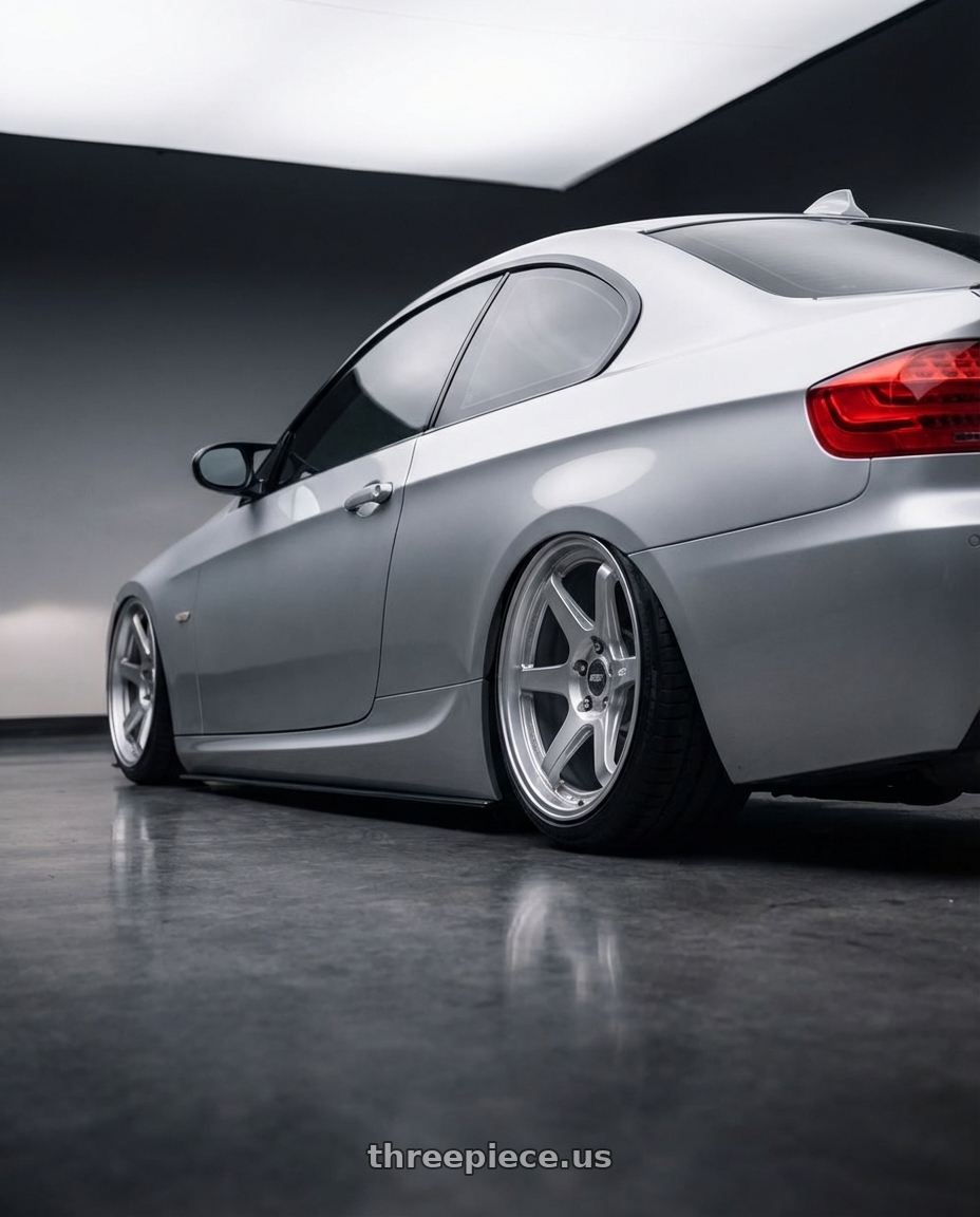 2012 BMW 3 Series E92 with ESR Wheels APEX SERIES AP6 5x120 19x9.5 +22 Hyper Silver wheels rear three quarter view slight stretch tires