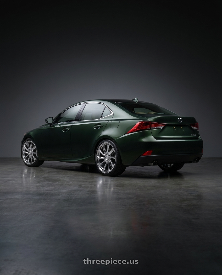 2013 Lexus is250 with REPLICA 205 6X139.7 24x10 +28 CHROME wheels rear three quarter view square tires
