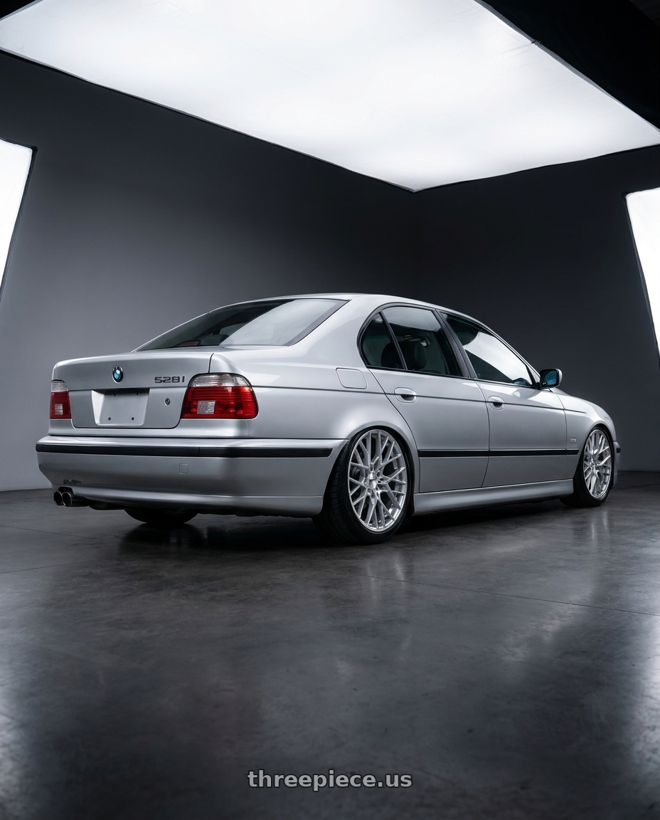 1997 bmw 528i with TSW SEBRING 5X120 19X9.5 +40 SILVER W/  MIRROR CUT FACE wheels rear three quarter view square tires