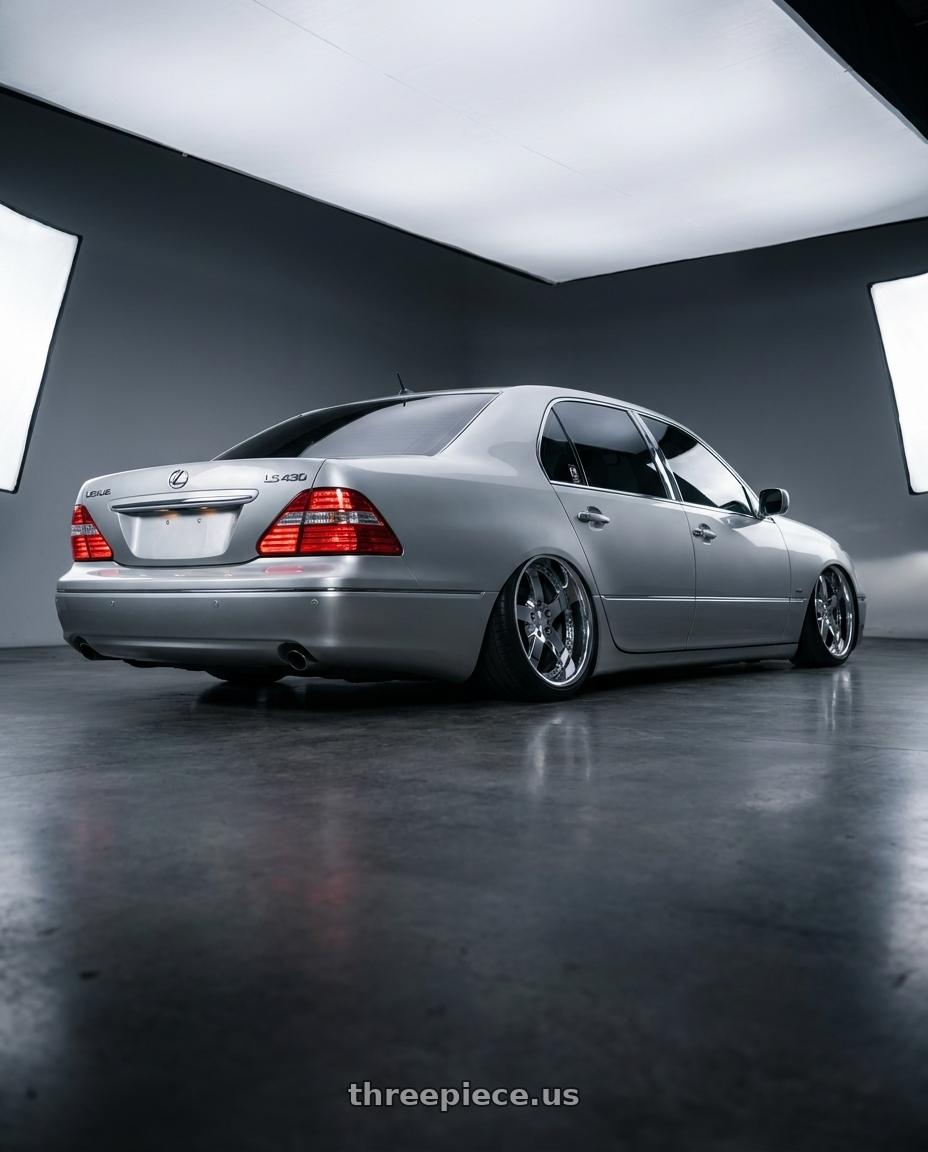 2004 lexus ls430 with Work Equip E05 5x114.3 20x9.5+35 r disk 3d Chrome wheels rear three quarter view extreme stretch tires