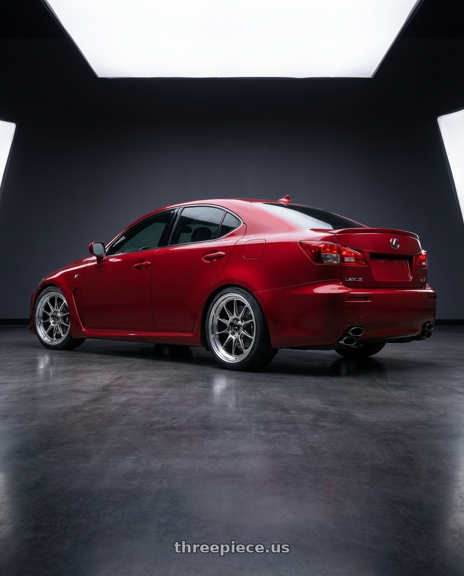 2012 Lexus IS-F with Konig Countergram 5x114.3 19x10+25 Hyper Chrome / Machined Lip wheels rear three quarter view square tires