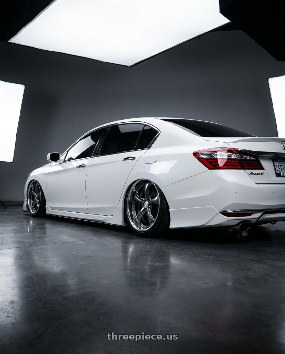 2016 Honda accord with Work Wheels VS-KF 5x100 19x8.5+1 Brilliant Silver Black R Disk FULL REVERSE wheels rear three quarter view square tires