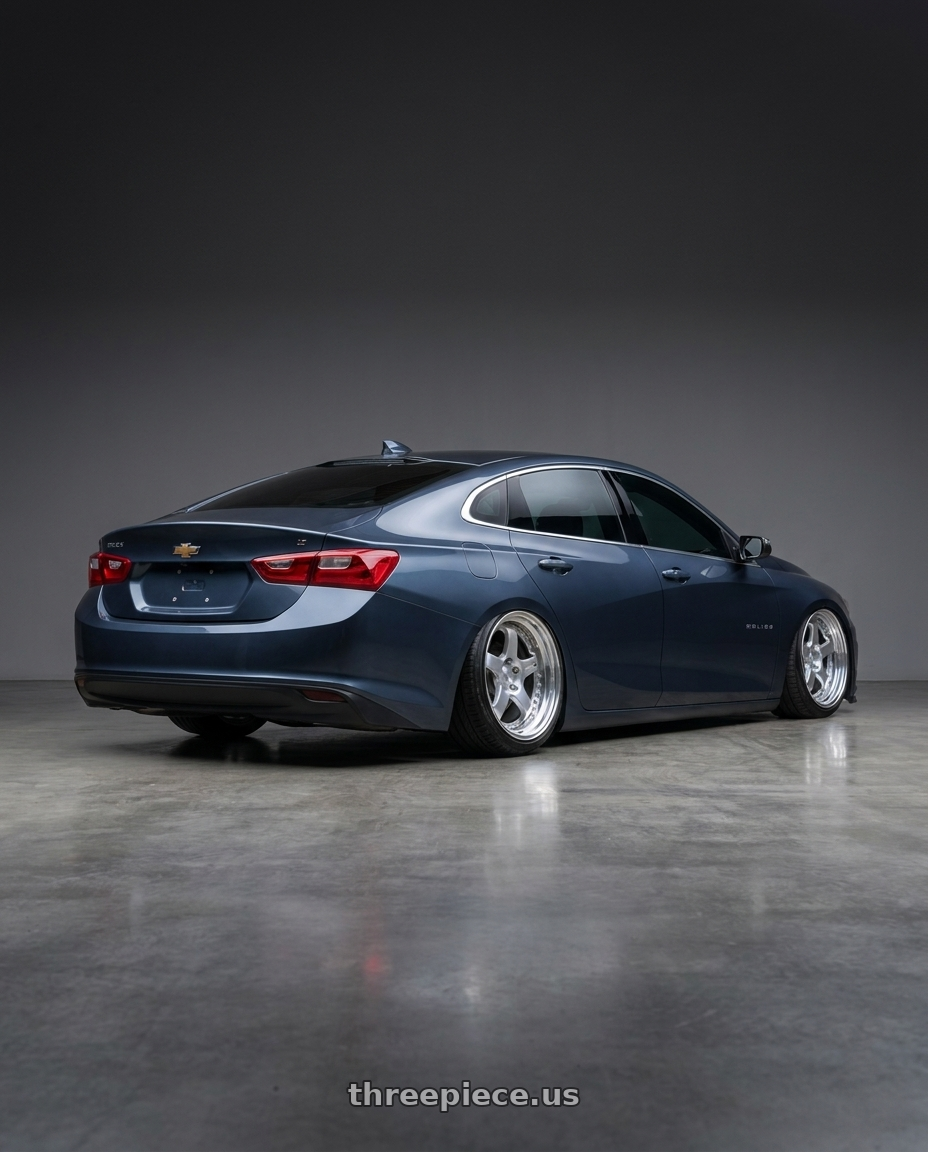 2019 Chevy Malibu with SSR Professor SP1 5x115 18X8.5+35 MD Disk Silver wheels rear three quarter view extreme stretch tires