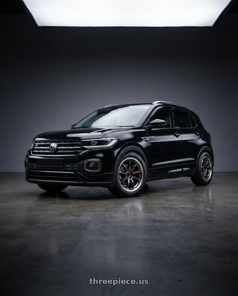 2020 volkswagen t-cross R-line  with Work Emotion Zr10 5x100 18x8.5 +32 Glim Black Diamond Rim cut wheels front three quarter view lowered stance
