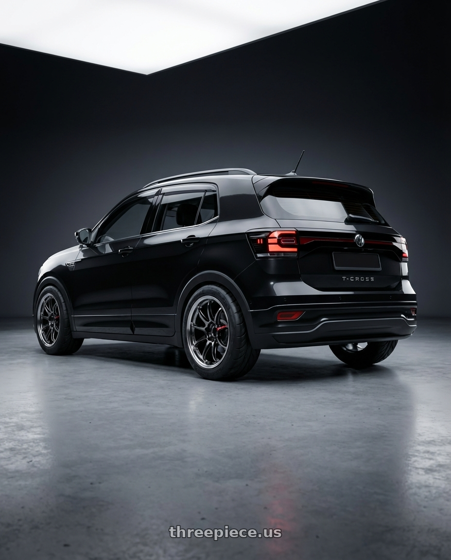 2020 volkswagen t-cross R-line  with Work Emotion Zr10 5x100 18x8.5 +32 Glim Black Diamond Rim cut wheels rear three quarter view meaty tires