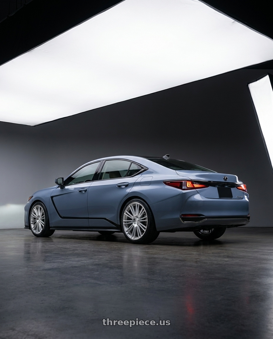 2027 LEXUS ES500e with Avant Garde Wheels VANQUISH 5X120 22x10.5 +38 Silver Machine wheels rear three quarter view slight stretch tires