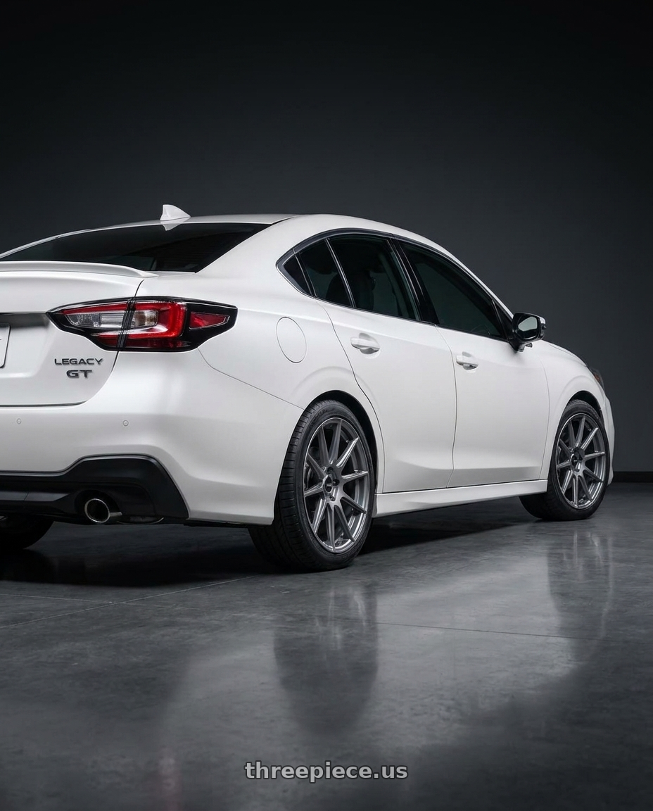 2023 Subaru Legacy GT in White Pearl colour with Enkei TS10 5x114.3 18x8+50 Grey wheels rear three quarter view square tires