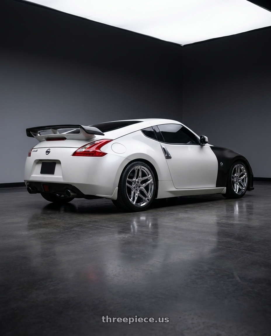 2016 Nissan 370z base with Heritage Wheel EBISU MonoC 5x114.3 18x8.5+35 Chrome wheels rear three quarter view square tires