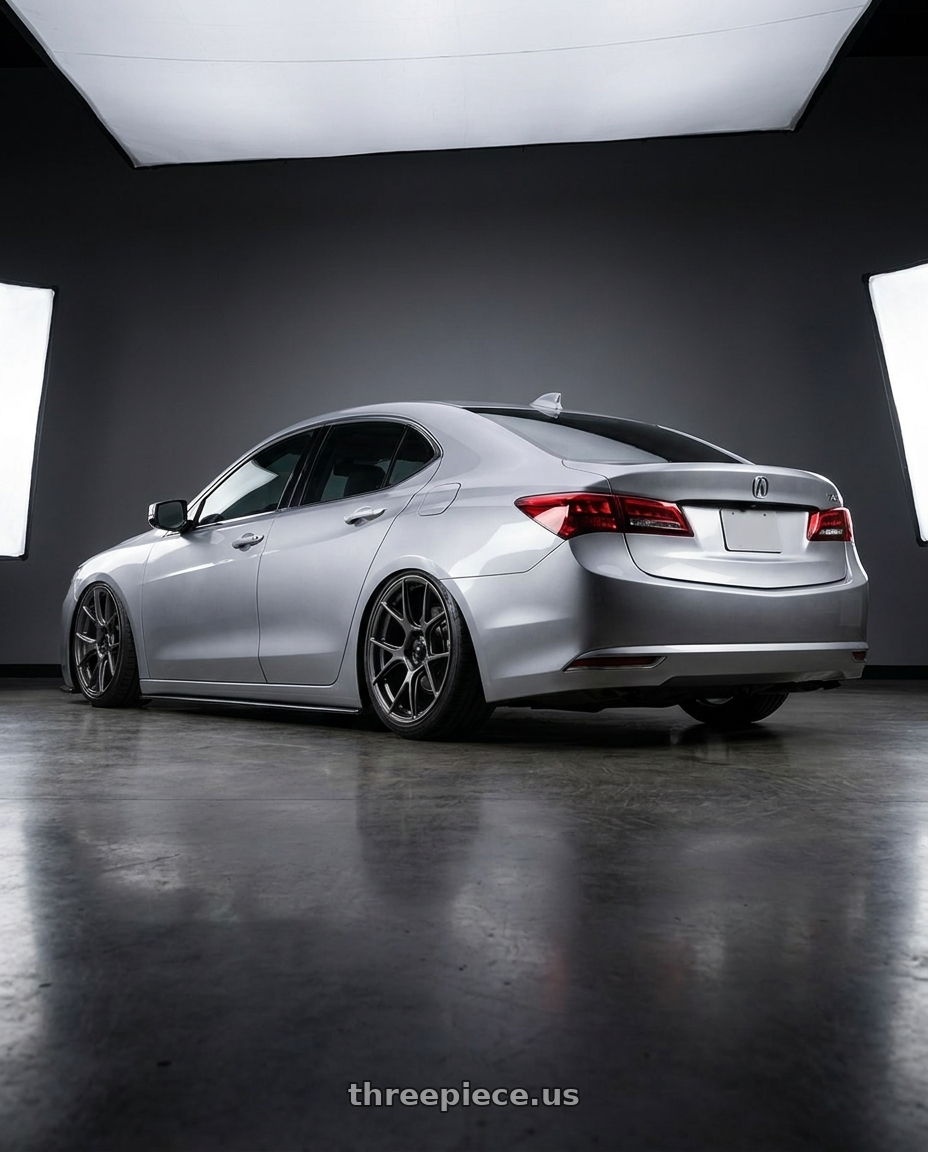 2019 Acura TLX with Konig Ampliform 5x114.3 19x10.5+23 Dark Metallic Graphite wheels rear three quarter view slight stretch tires