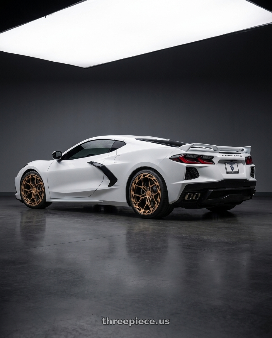 2020 Chevrolet corvette c8 with Rohana RFX19 5x120 20x9 +35 Machine Bronze wheels rear three quarter view square tires