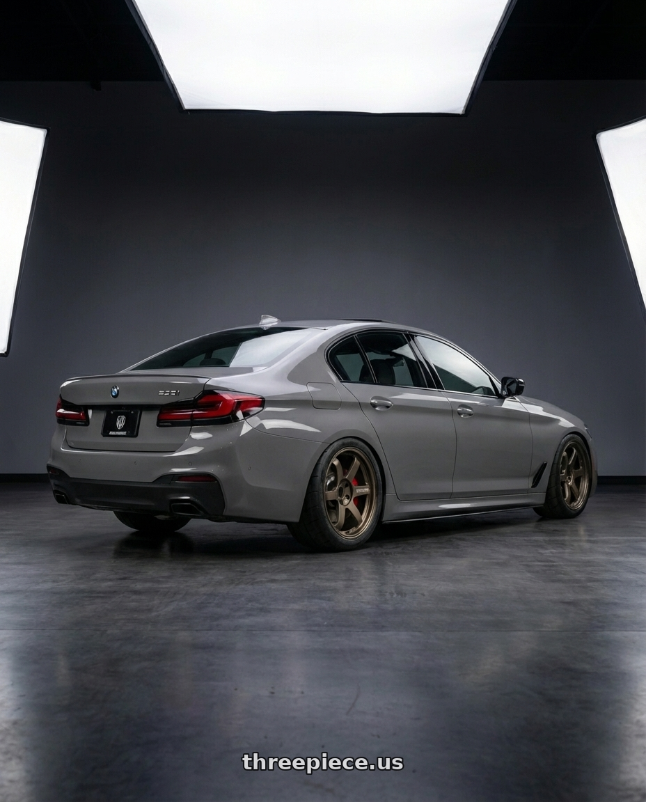 2022 bmw 530i  with Volk Racing TE37SL 5x114.3 19x10.5+12 Pressed Double Black wheels rear three quarter view slight stretch tires