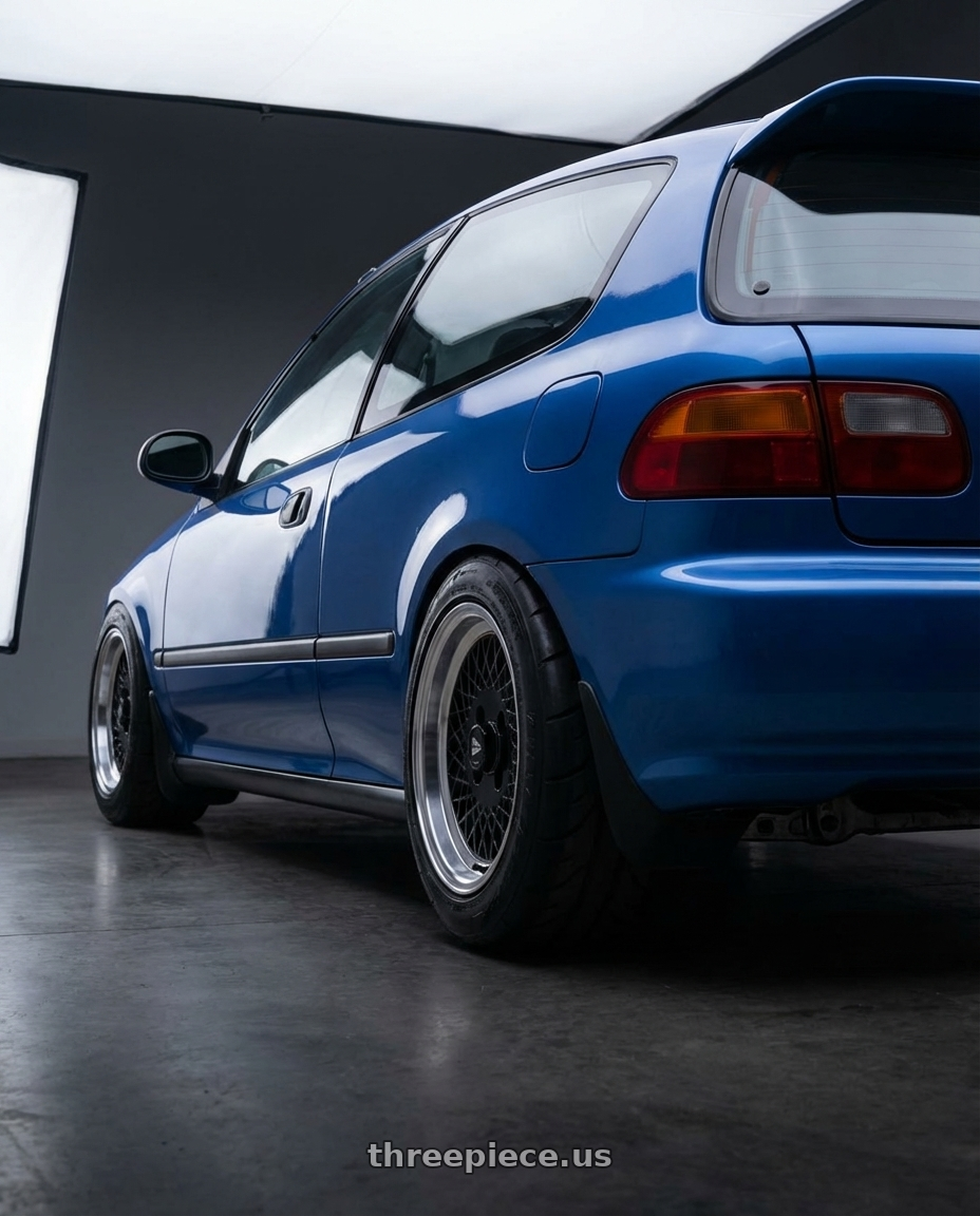 1993 Honda Civic DX Hatchback  with Enkei Enkei92 Classic Line 4x100 15x8+25 Black wheels rear three quarter view meaty tires