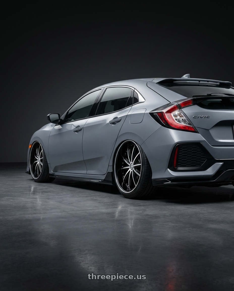 2017 Honda Civic with ELURE 31 5X115/5x127 24x9.5 +13 BLACK MACHINED wheels rear three quarter view slight stretch tires