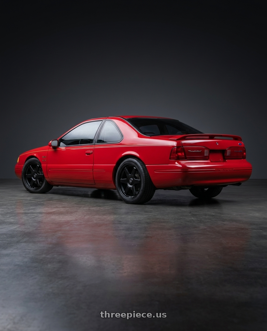 1996 ford Thunderbird with V�xx Riva 5x108/5x114.3 17x7.5+40 Matte Black wheels rear three quarter view square tires