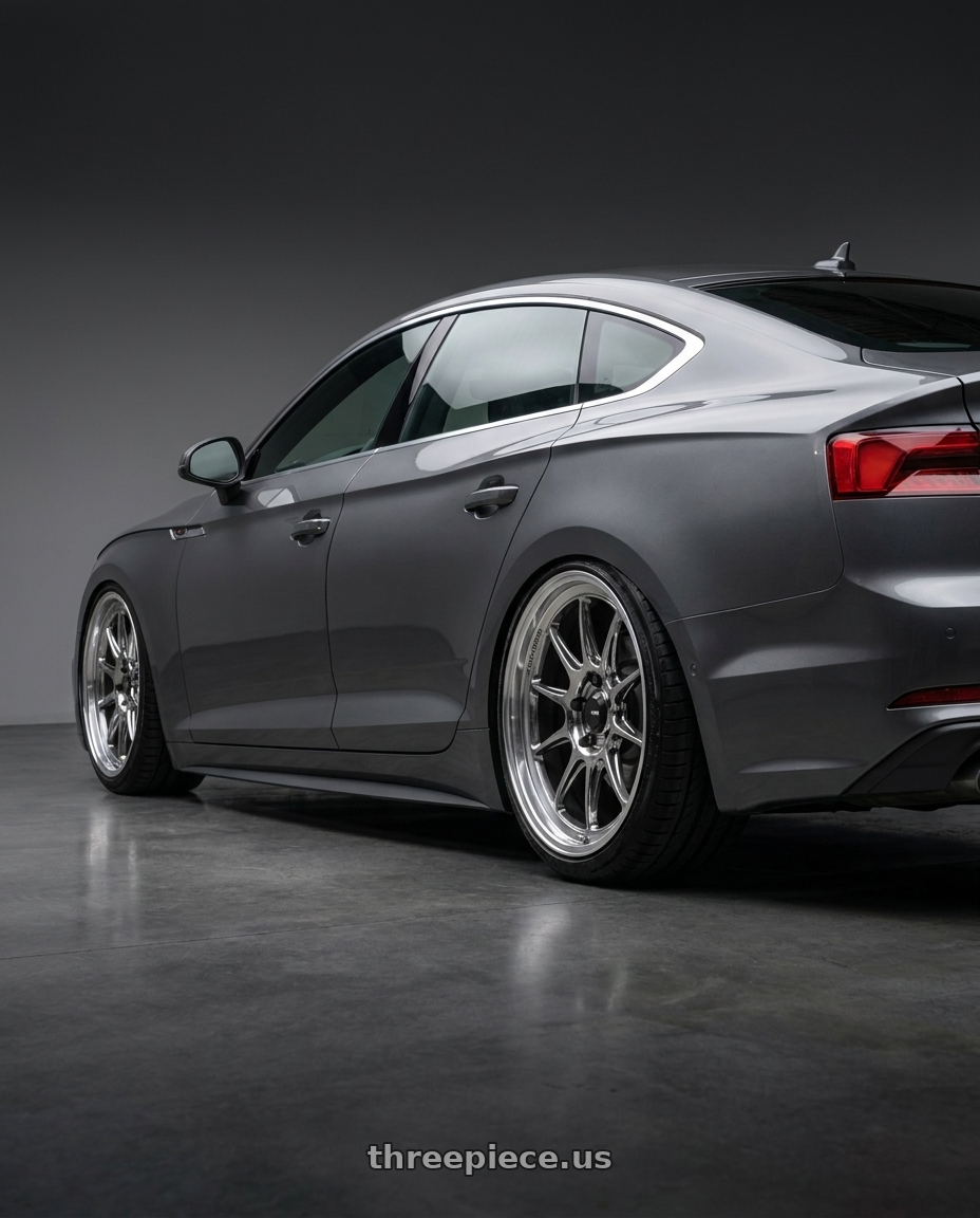 2018 A5 B9 with Konig Countergram 5x114.3 19x9.5+35 Hyper Chrome / Machined Lip wheels rear three quarter view slight stretch tires