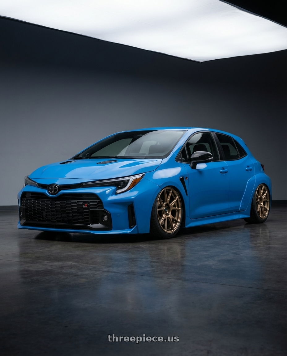 2024 Toyota GR Corolla with Konig Ampliform 5x114.3 18x9.5+35 Gloss Bronze wheels front three quarter view stanced stance
