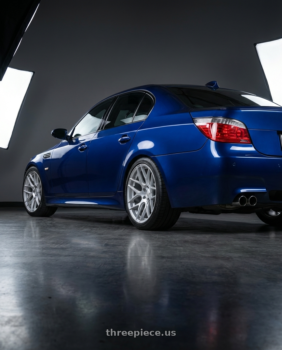 2010 BMW M5 E60 with Aodhan AFF2 5x120 19x9.5+35 Gloss Silver Machined Face wheels rear three quarter view square tires