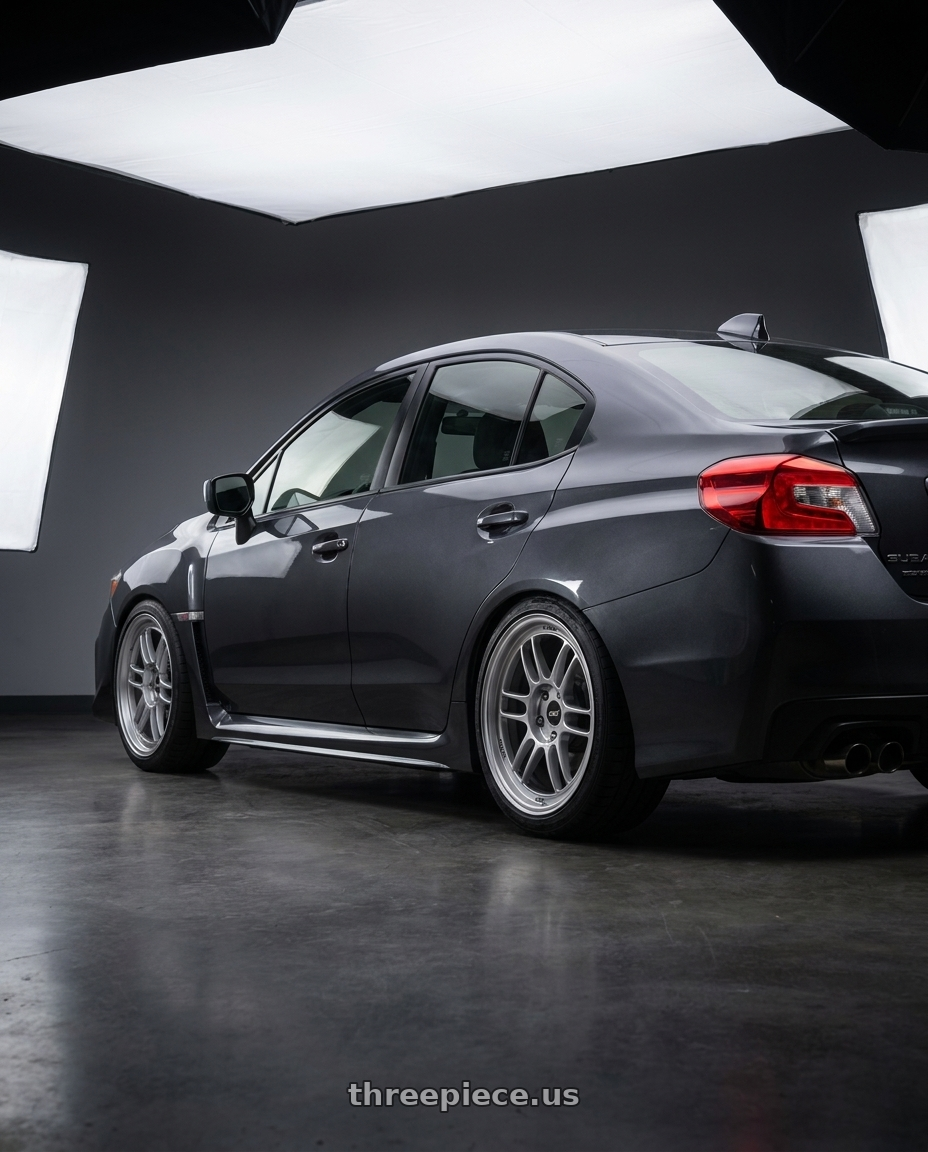 2021 Subaru WRX with Enkei RPF1 5x114.3 17x8.5+40 Silver wheels rear three quarter view square tires