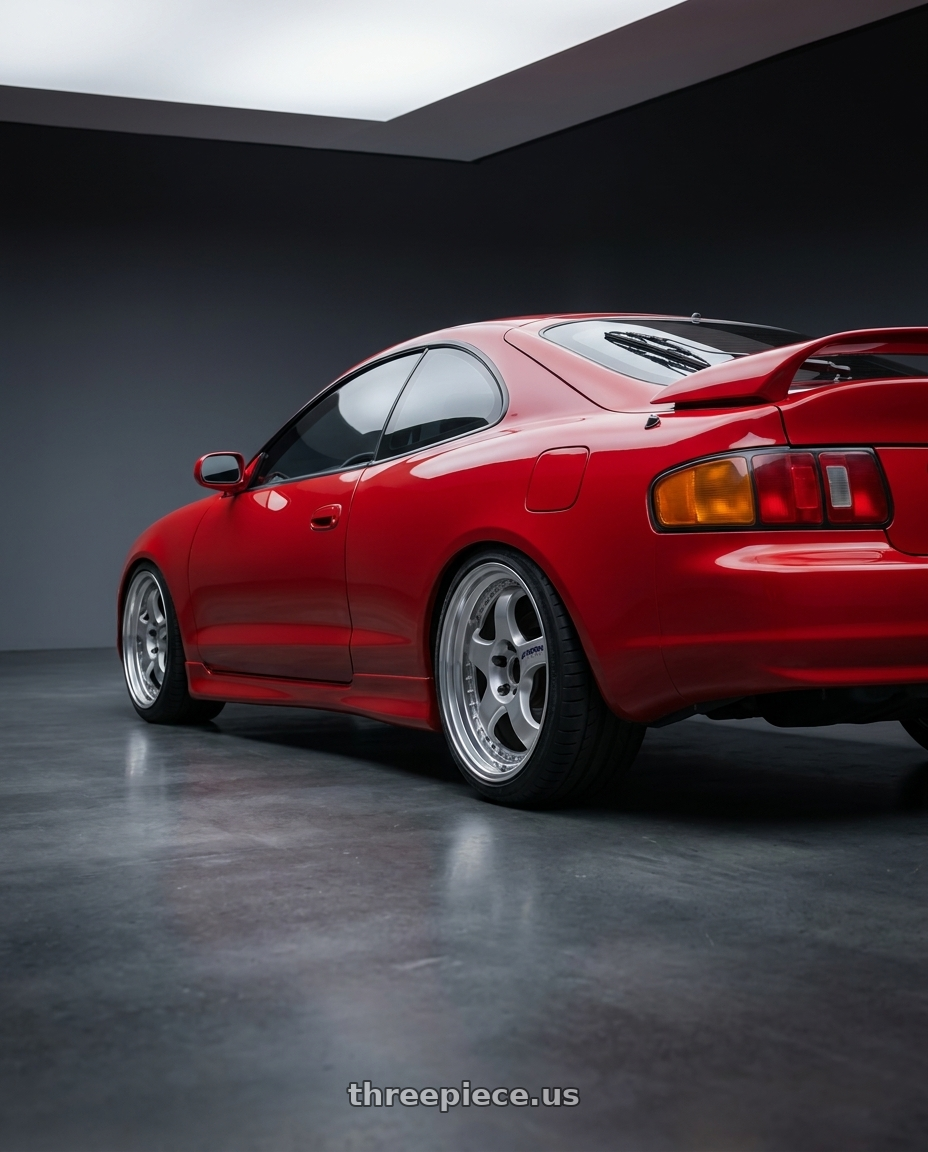1994 Toyota Celica GT with Work Meister S1 3P 5x100 17x7.5+35 O Disk Silver wheels rear three quarter view square tires