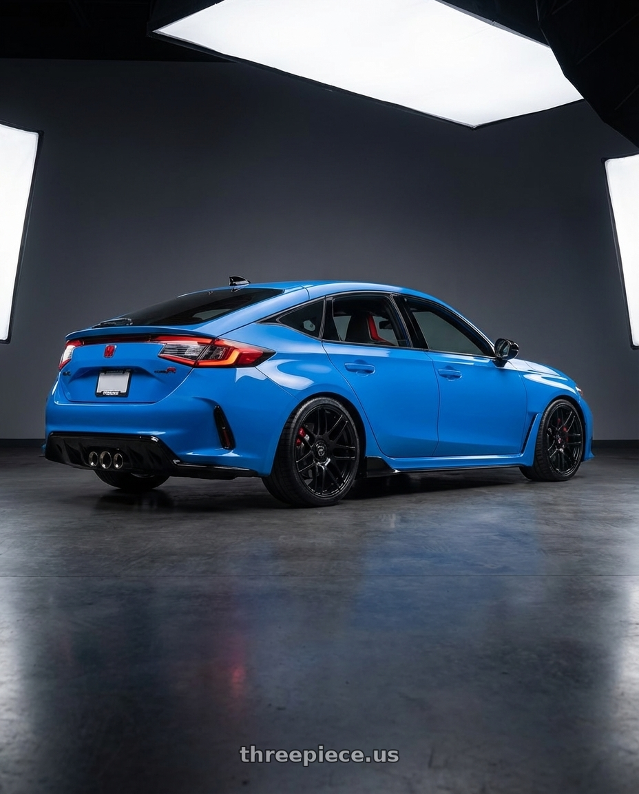 2024 Honda Civic Type R with Forgestar F14 5x120 19x11 +25 Gloss Black wheels rear three quarter view square tires