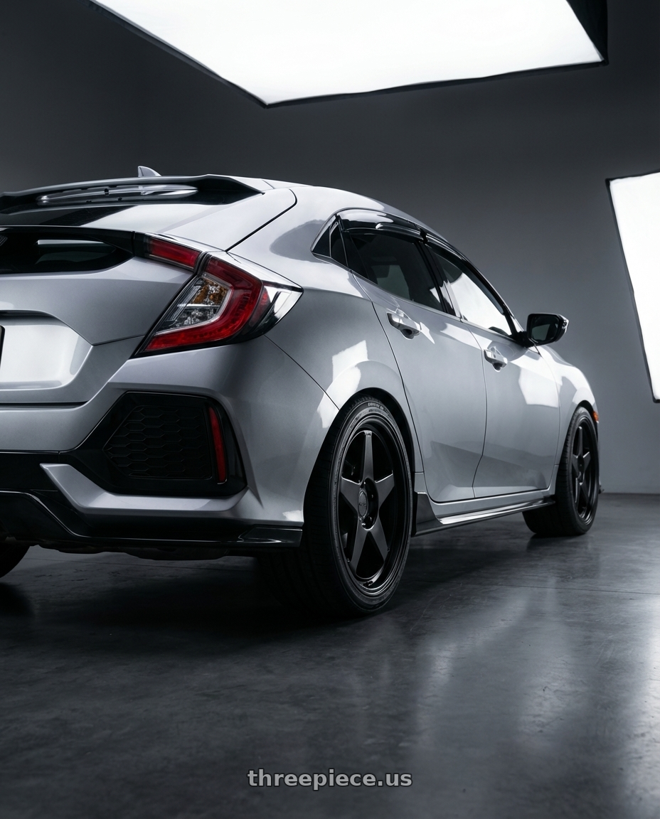 2018 Honda Civic Hatchback Sport, Polished metal metallic with KATANA RACING KR03 5x114.3 18x8 +40 Glossy Black wheels rear three quarter view square tires