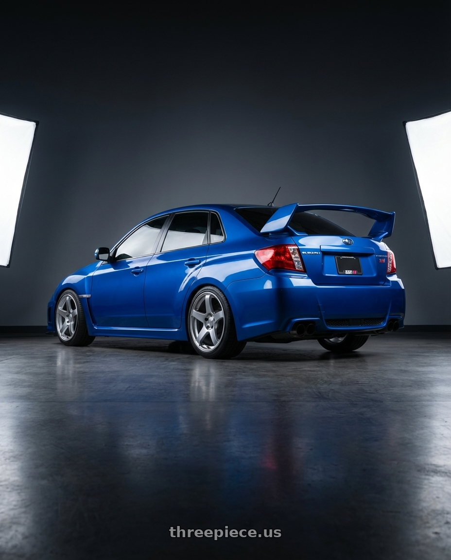 2013 Subaru WRX STI with Ssr Gtv01 5x114.3 18x8.5+40  GLARE SILVER wheels rear three quarter view square tires