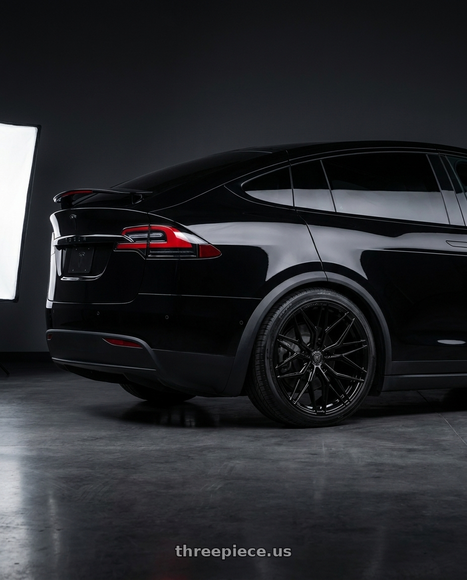 2018 TESLA MODEL X with Rohana RFX17 5x120 20x11 +52 Gloss Black wheels rear three quarter view square tires