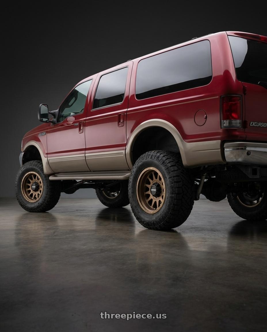 2002 ford excursion burgundy with Method MR605 NV 20x10 -24mm Offset 8x6.5 121.3mm CB Method Bronze Wheel - MR60521080924N wheels rear three quarter view meaty tires