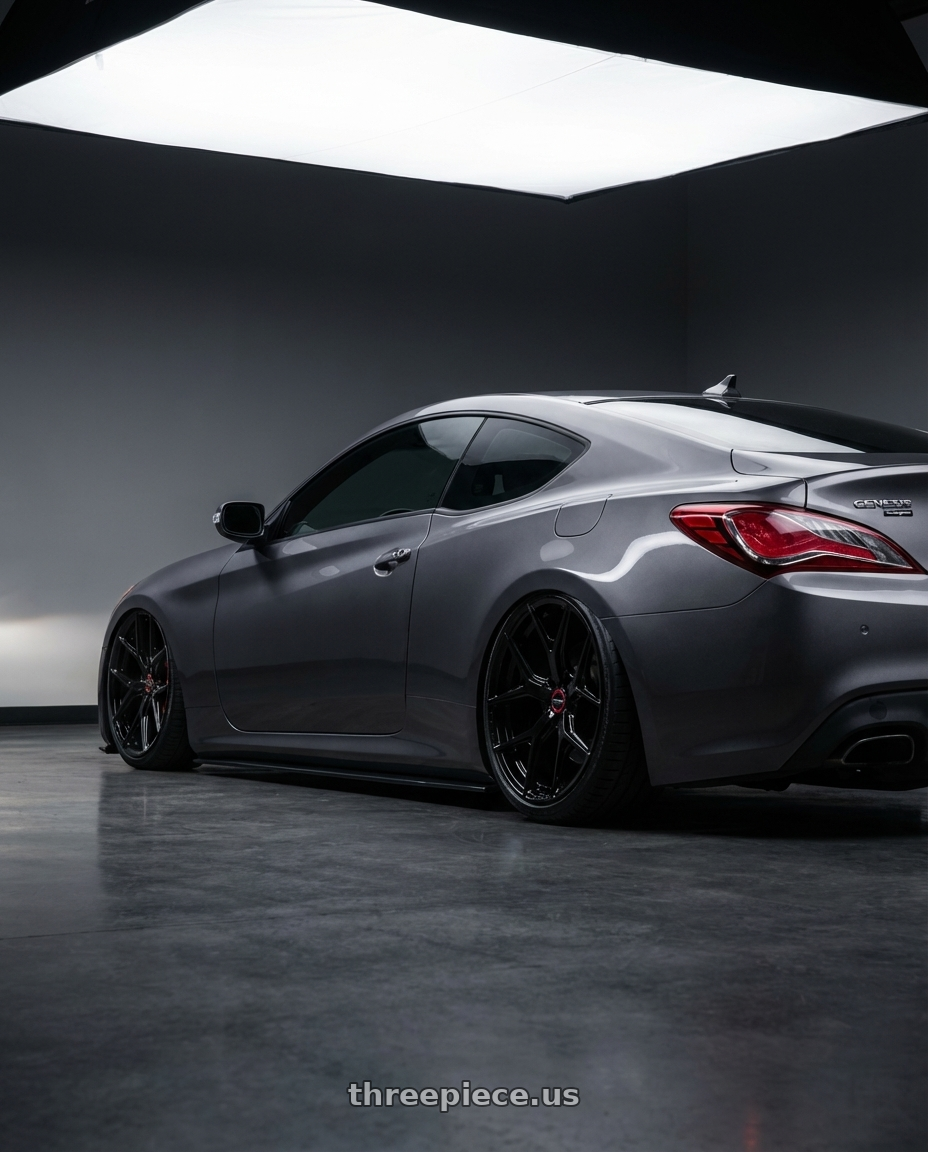 2014 Hyundai Genesis Coupe with Vossen HF-5 19x8.5 / 5x114.3 / ET32 / Flat Face / 73.1 - Gloss Black Wheel - HF5-9N60 wheels rear three quarter view slight stretch tires