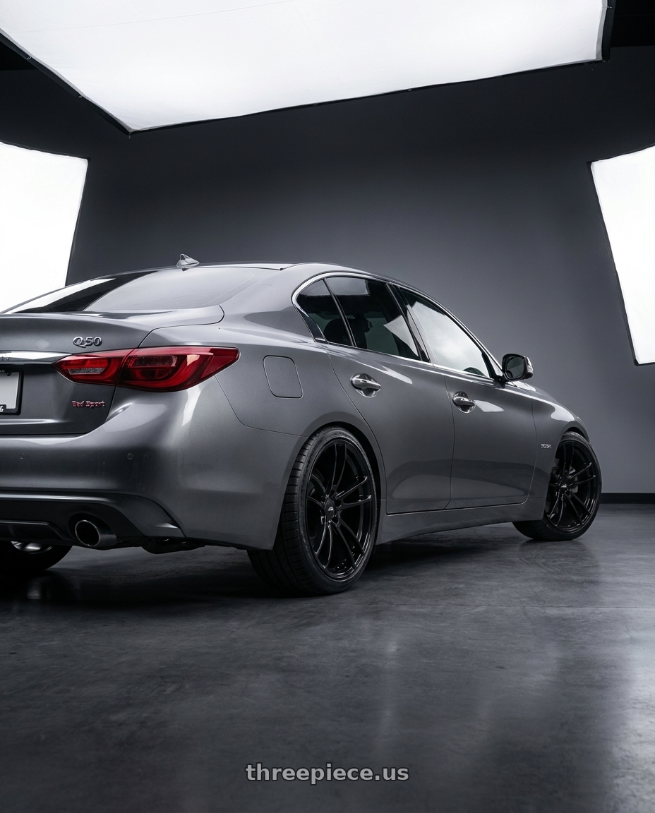 2021 Infiniti Q50 Red Sport with American Racing AR941 MACH FIVE 5X114.3 19X11 +25 GLOSS BLACK wheels rear three quarter view square tires