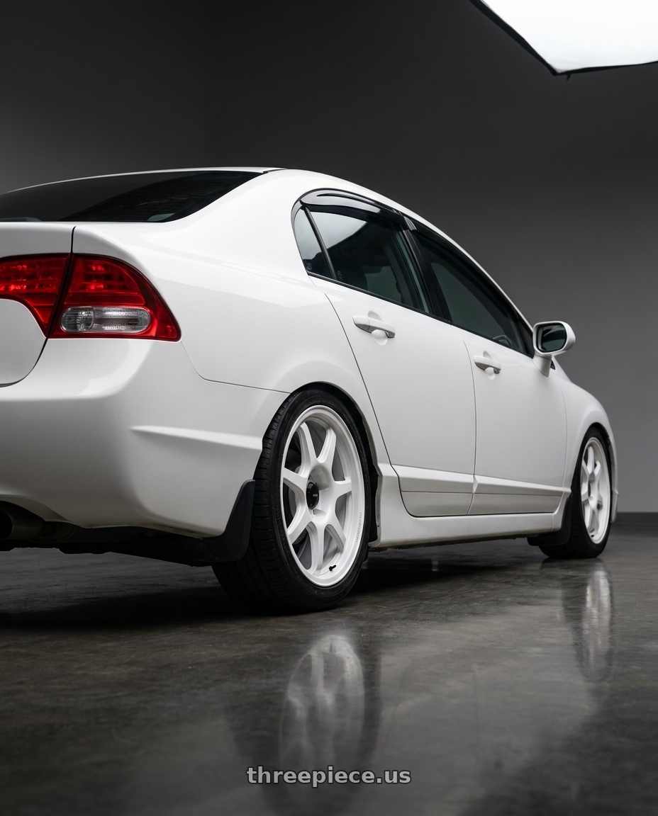 2007 honda civic ex with Konig Hexaform 5X114.3 17x8+38 Gloss White wheels rear three quarter view square tires