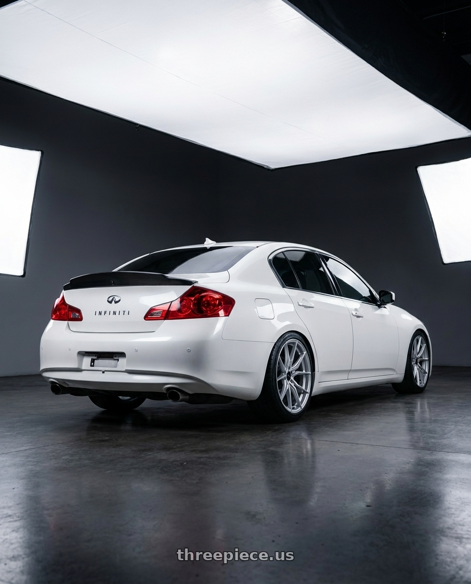 2013 Infiniti G37x sedan  with Advanti Racing 80S Hybris 5X112 18x8 +45 Silver with Machined Face wheels rear three quarter view square tires