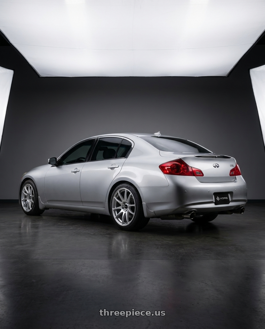 2008 Infiniti G35x with Vors TR4 5x114.3 18x8.5  +35 Silver Machine Face wheels rear three quarter view square tires