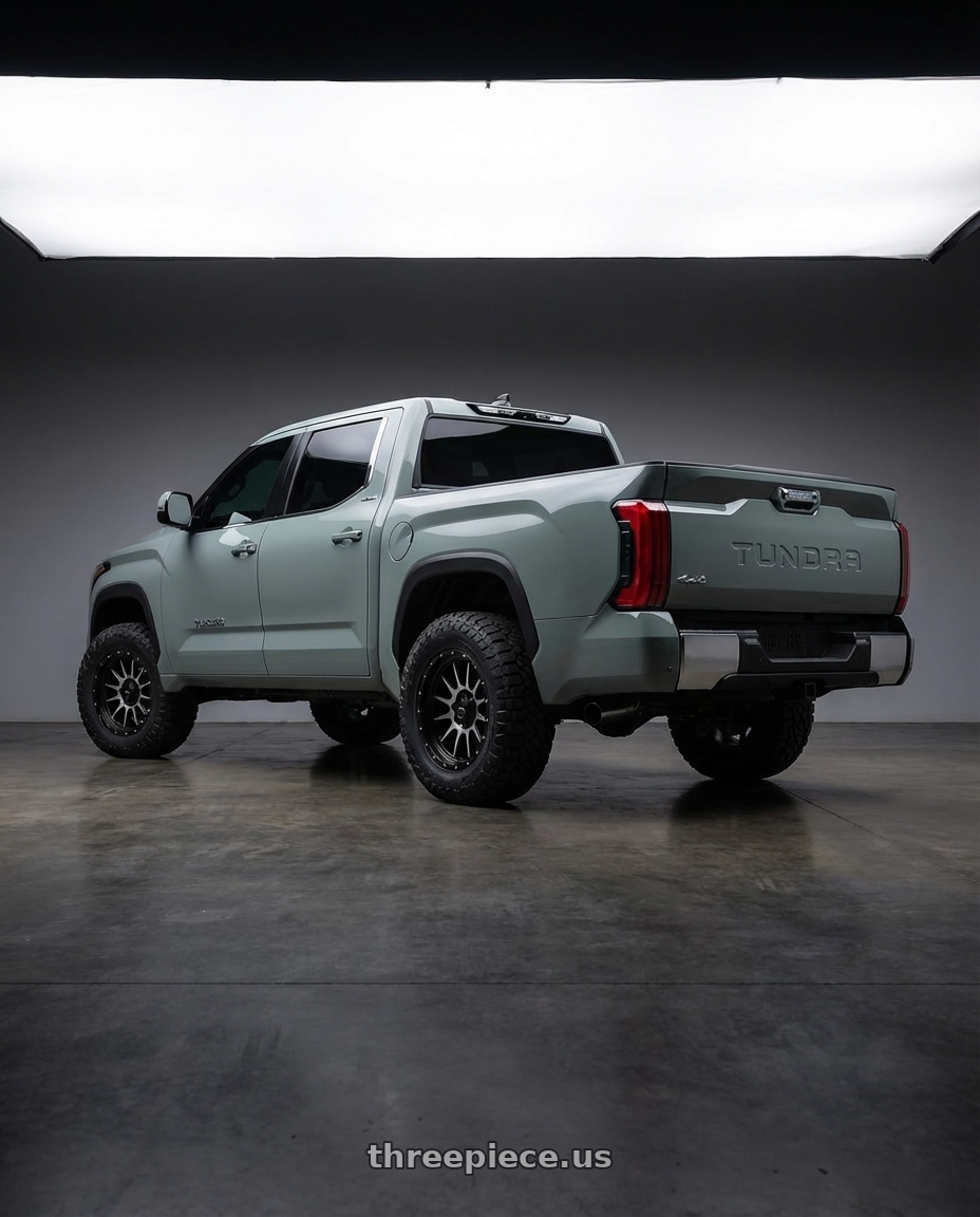 2024 Toyota Tundra with Vision Off-Road 111 Nemesis 6x139.7 20x9+0 Matte Black Machined Face wheels rear three quarter view meaty tires