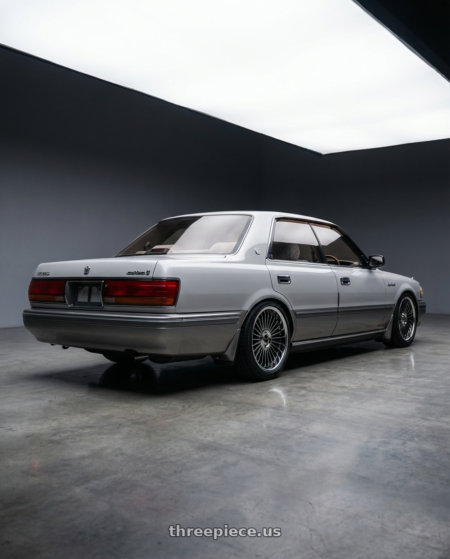 1991 Toyota Crown  with Work Emitz Black Polish 5x100 19x7.5 +45 wheels rear three quarter view square tires