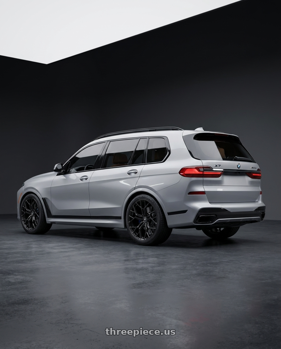 2026 BMW x7 with Fittipaldi FS371B 5x112 22x9 +35 Gloss Black wheels rear three quarter view square tires