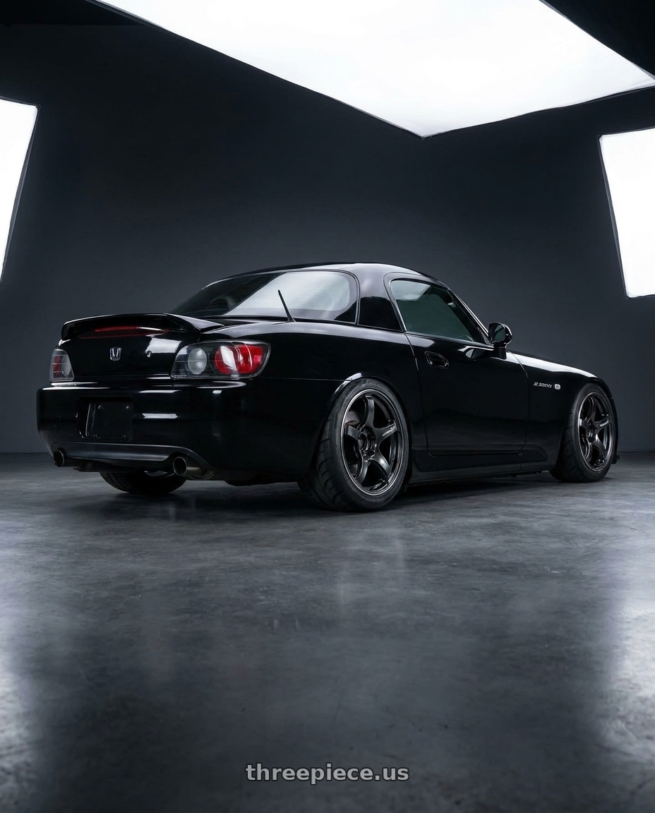 2000 Honda S2000 year with Advan Racing TC4 5x114.3 17x8.5 +31 BLACK GUNMETALLIC & RING wheels rear three quarter view meaty tires