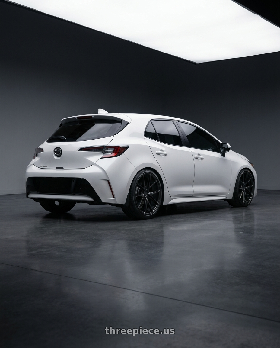 2023 Toyota Corolla Hatchback with Niche 1PC M117 MISANO 5X114.3 18X8 +42 MATTE BLACK wheels rear three quarter view square tires