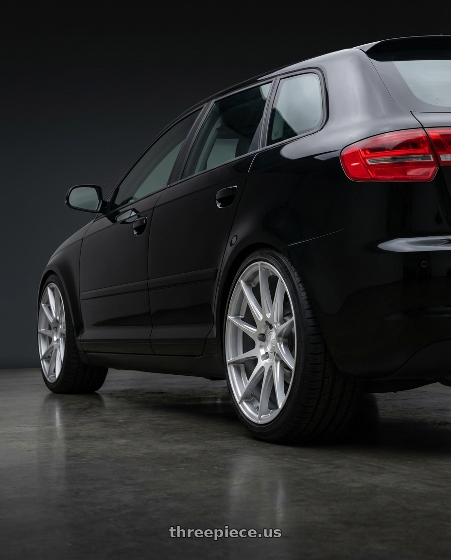 2012 Audi A3 8P with Aodhan AH09 5x112 18x9.5 +35 Gloss Silver Machined Face wheels rear three quarter view square tires