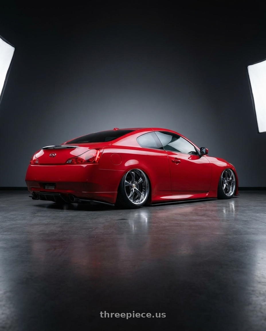 2008 Infiniti g37 coupe red with Work Wheels VS-KF 5X114.3 19x8+2 Brilliant Silver Black A Disk FULL REVERSE wheels rear three quarter view slight stretch tires