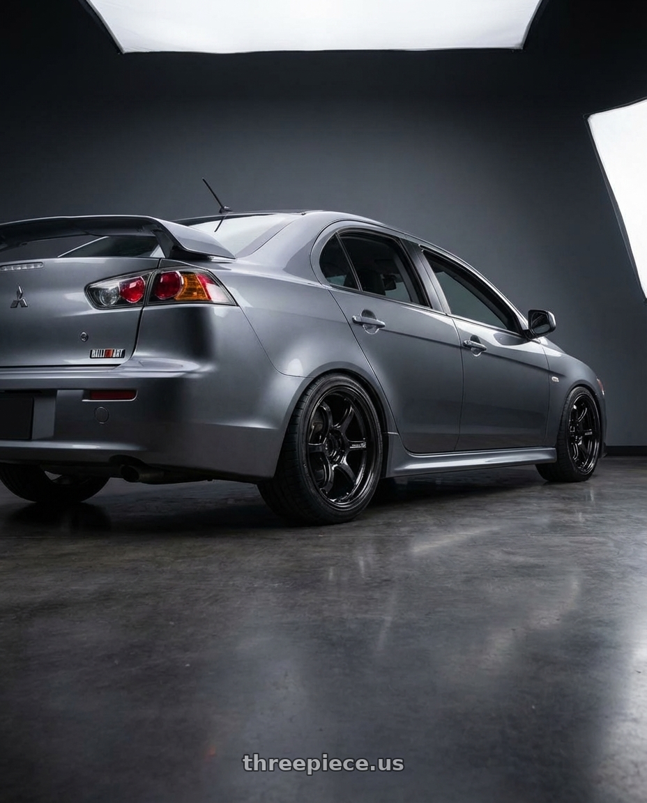 2014 Mitsubishi Lancer Ralliart with Advan Racing R6 5x114.3 18x12.0 +25 RACING TITANIUM BLACK wheels rear three quarter view square tires