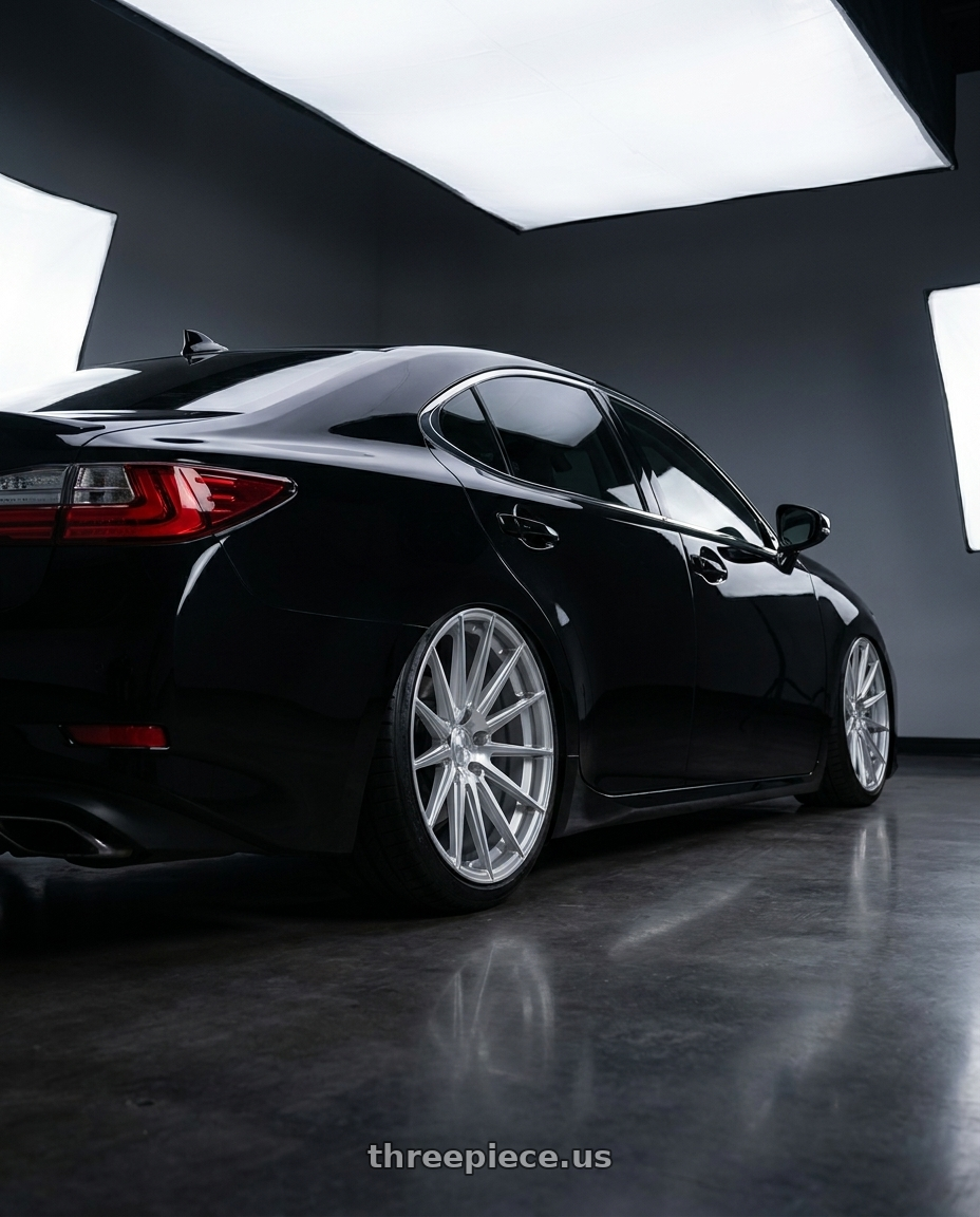 2017 Lexus es200 black with Avant Garde Wheels M615 5X112 19x9.5 +48 Silver Machine wheels rear three quarter view square tires