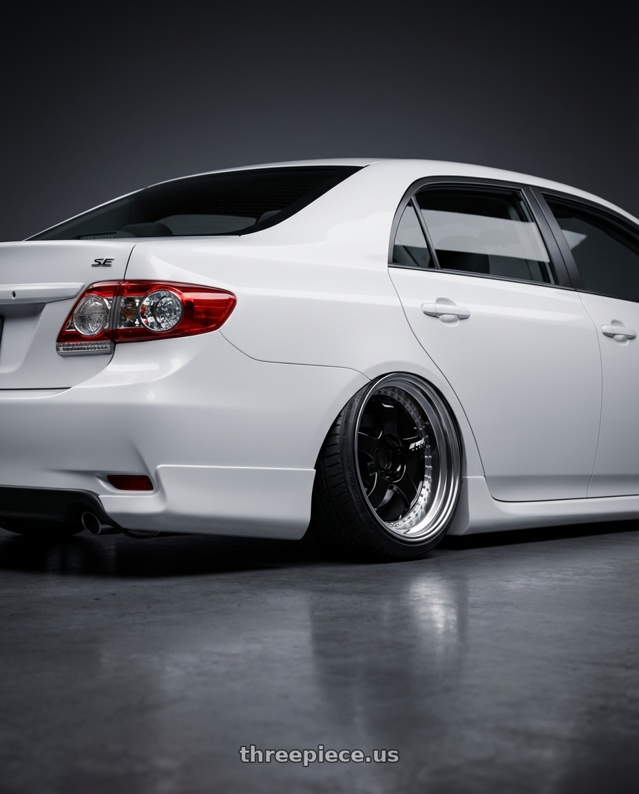 2010 Toyota Corolla SE with Work Meister S1 3P 5x100 18x8.5+67 A Disk Black wheels rear three quarter view extreme stretch tires