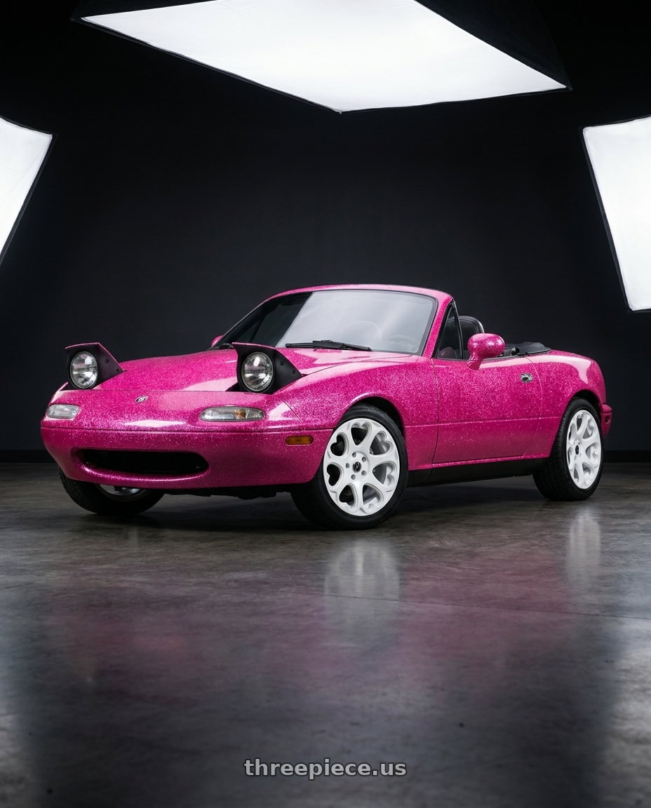 1990 Mazda Miata glitter pink with Heritage Wheel KOKORO MonoC 5x100 18x8.5 +35 White wheels