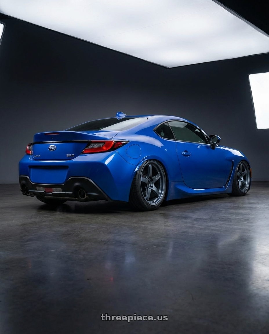 2024 Subaru BRZ with Gram Lights 57CR 5x114.3 18x9.5+12 Gunblue II wheels rear three quarter view slight stretch tires