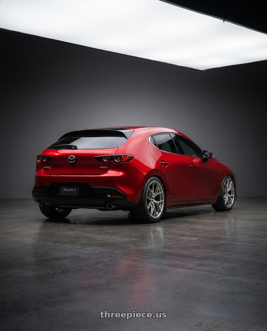 2025 Mazda 3 with BBS FI-R Evo 5x112 19x9.5+15 Platinum Silver wheels rear three quarter view square tires