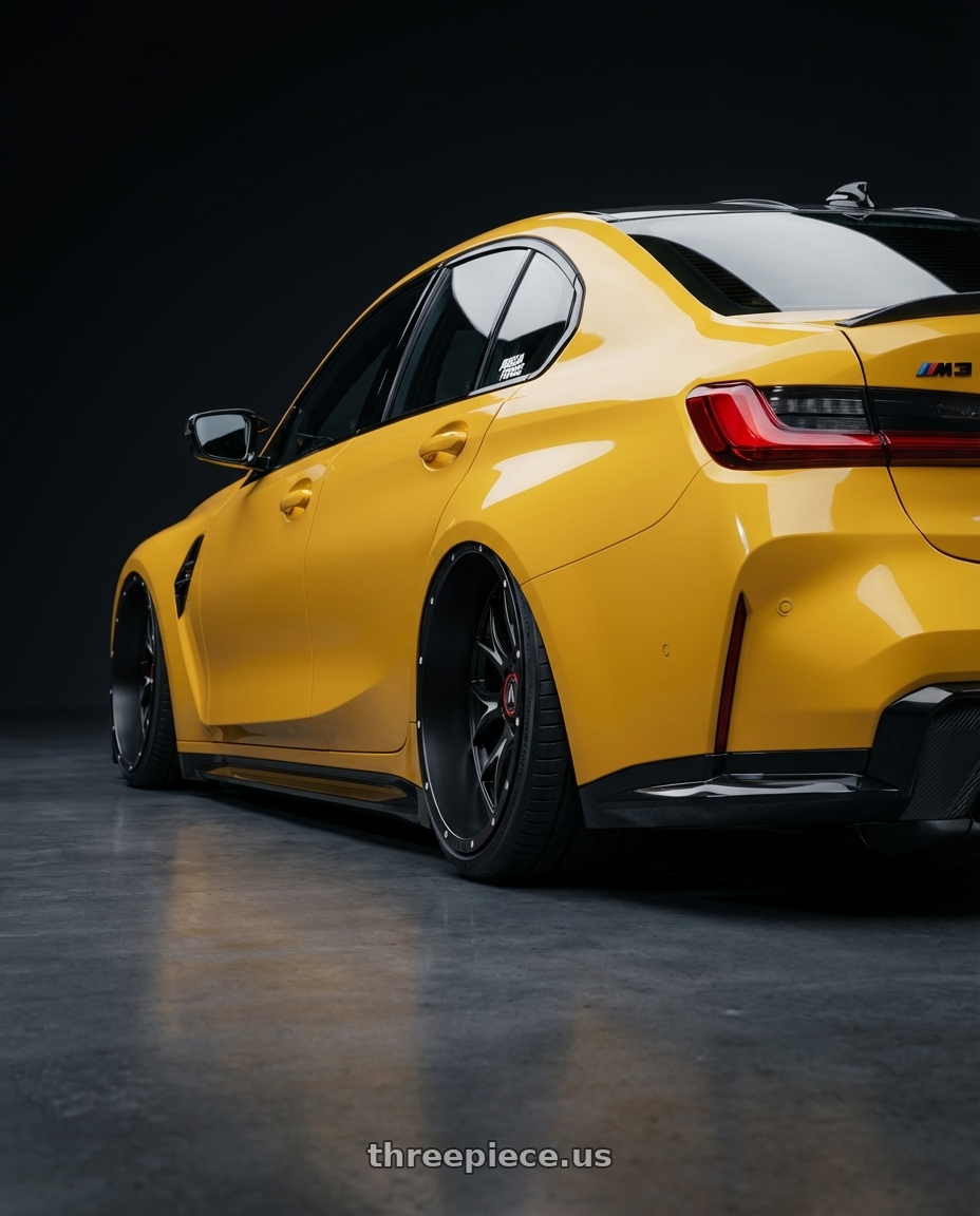 2025 bmw g80 m3 with Asanti Off Road AB807 CARBINE 5X150 20X9 +18 SATIN BLACK MILLED wheels rear three quarter view extreme stretch tires