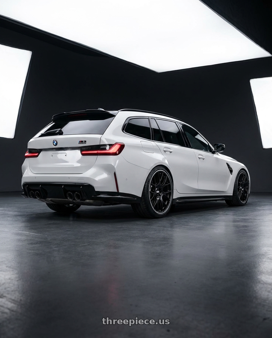 2026 BMW M3 with BBS CH-R 5x130 19x12 +45 Satin Black Polished Rim Protector wheels rear three quarter view slight stretch tires