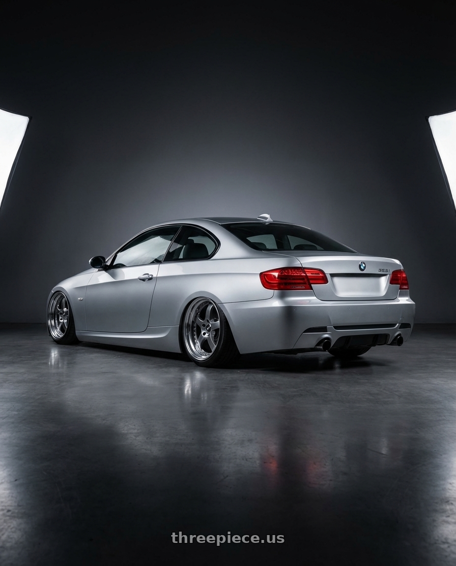 2006 BMW E92 325i with Work Vs-Xv 5x100 18x9+40 A Disk Brilliant Silver Black wheels rear three quarter view slight stretch tires