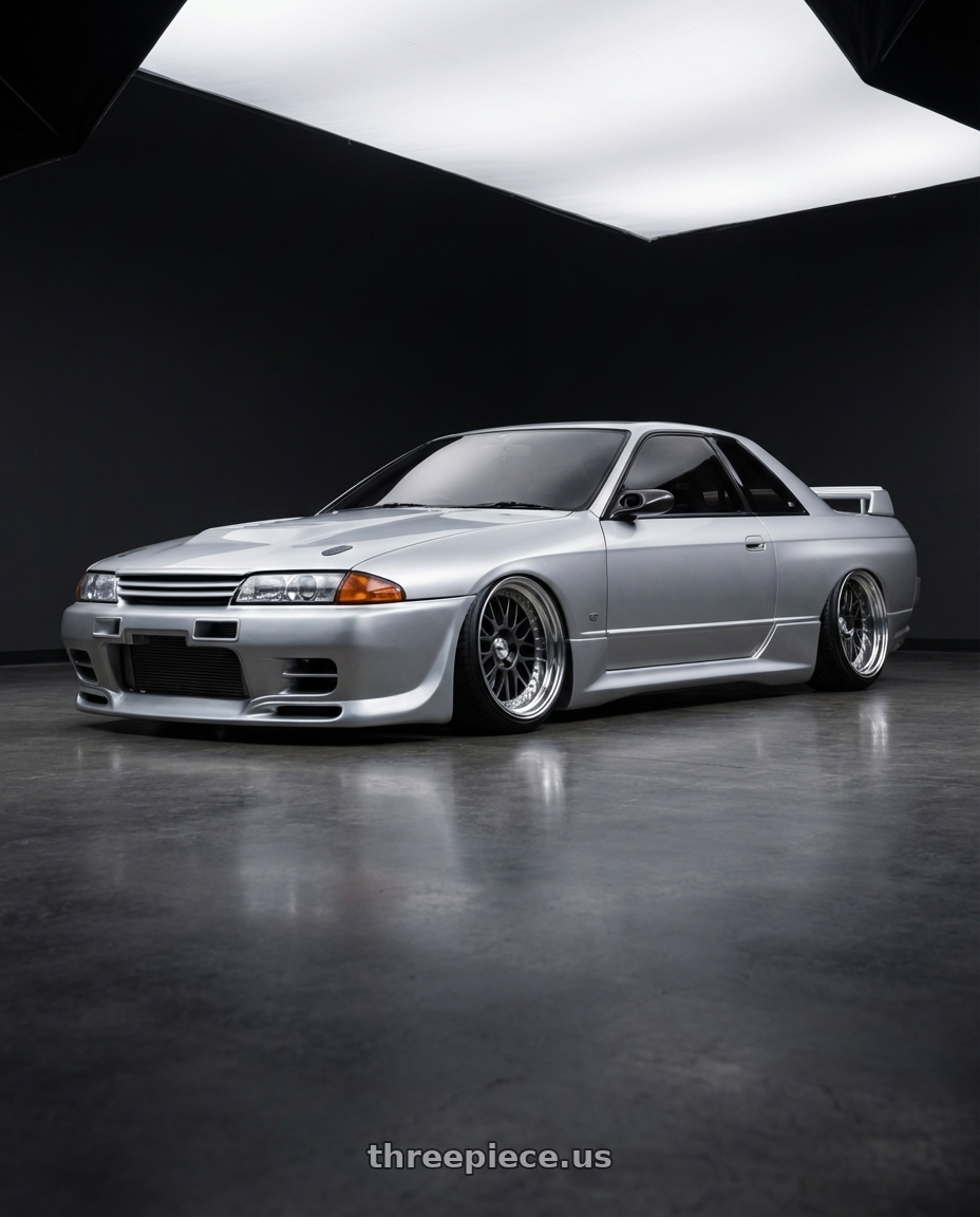 1993 Nissan Skyline gtst with Work Meister M1 3p 4x100 16x10.5+0 W Disk Matte Gunmetal wheels front three quarter view slammed stance